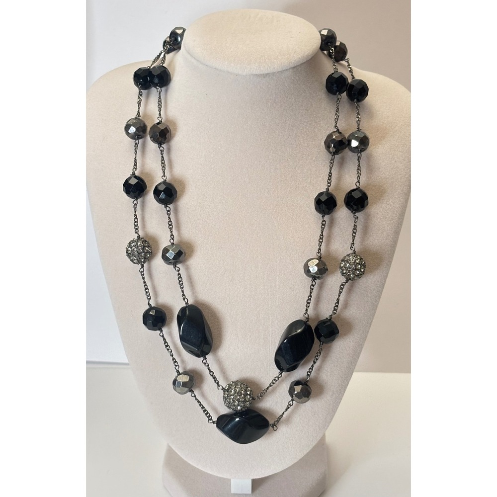 Vintage Gunmetal Art Deco Layered Necklace Black Bead Rhinestone Disco Ball 19in